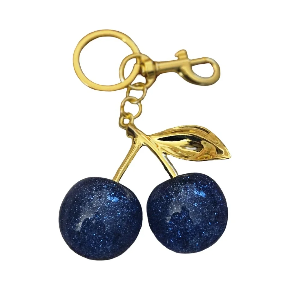 Blue Glitter Cherry Bag Charm Gold Tone Fruit Keychain Accessory